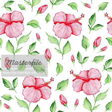 Watercolor tropical seamless pattern with red hibiscus flowers and green leaves on a white background