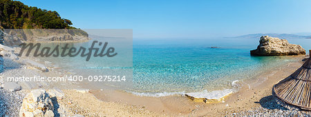 Summer morning Pulebardha beach view (Saranda, Albania). Three shots stitch high-resolution panorama.