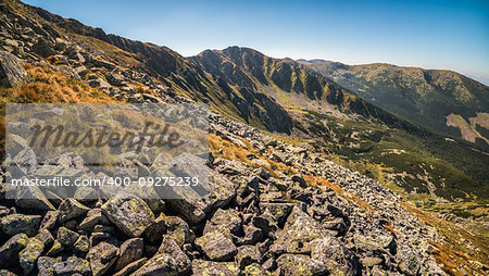 Mountain Landscape on Sunny Day with Rocks in Foreground. Mount Derese, Low Tatras Mountain, Slovakia.