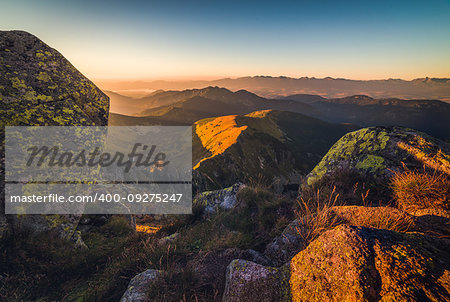 Mountain Landscape at Sunset. View from Mount Dumbier in Low Tatras, Slovakia. West Tatras Mountains in Background.