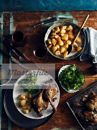 Duck confit, roast potatoes and broccoli rabe