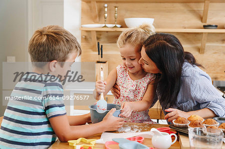 Mother and children baking cupcakes in kitchen