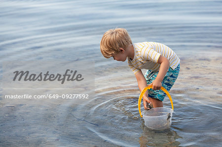 Boy picking up seashells on beach