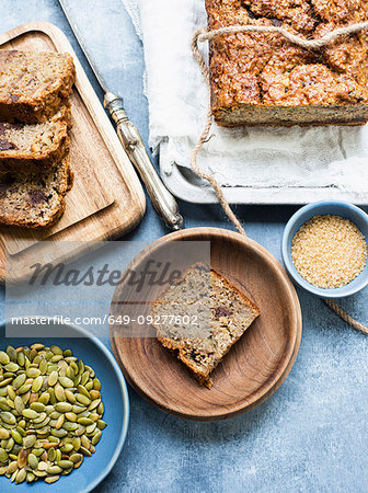 Slices of baked bread with pumpkin seeds and chocolate chips Slices of baked bread with pumpkin seeds and chocolate chips