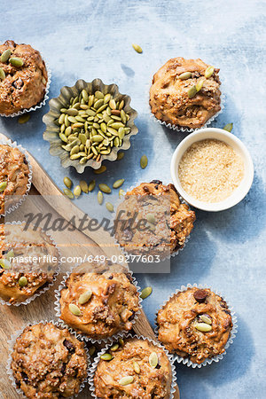 Freshly baked muffins with pumpkin seeds