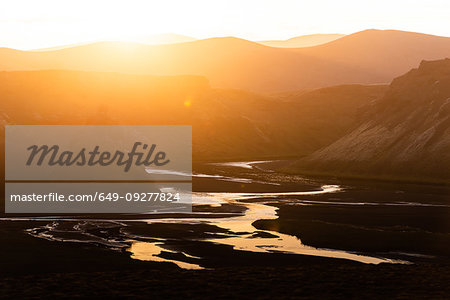 Sunset over mountain ranges, Landmannalaugar, Highlands, Iceland