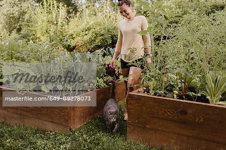 Woman gardener with cat in garden