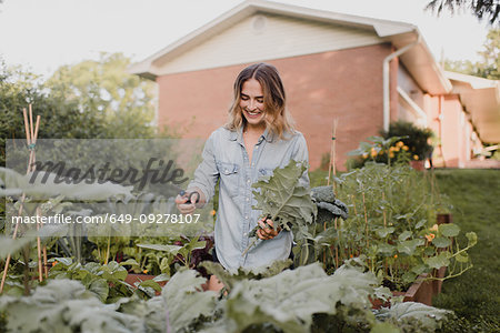 Woman working on plants and vegetables in her garden