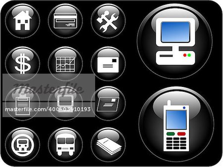 Vector 3D buttons of communication, transportation, property and finance.