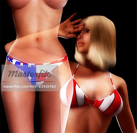 A sexy women with a USA Flag Bikini a great image for patriotic Americans.
