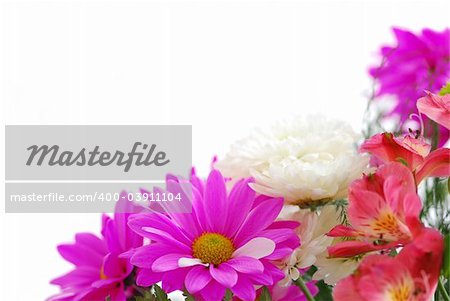 Bouquet of fresh flowers on white background with copy space