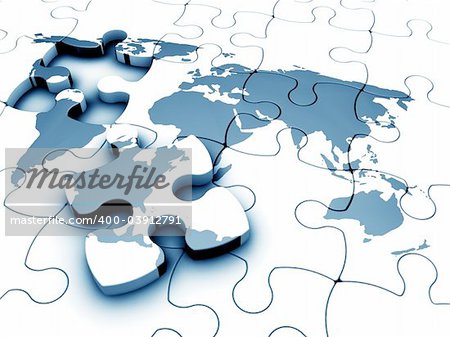 3D render of a jigsaw of the world with a piece missing