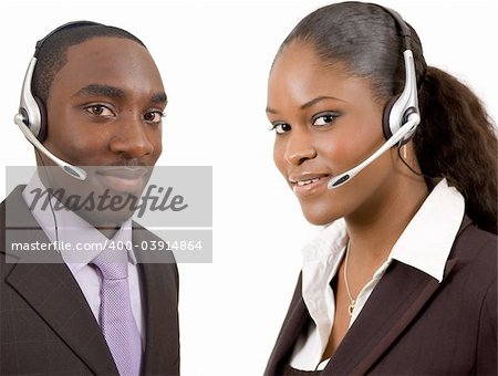 This is an image of a male and female call operator. This image can be used for telecommunication and service themes.