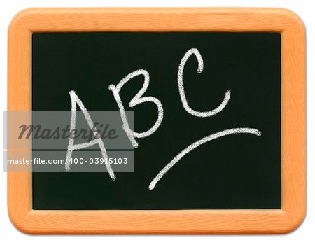 Child's mini plastic chalkboard with ABC written.