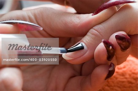 beautician making manicure to the young woman. Hands close-up