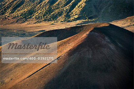 Aerial of dormant volcano in Haleakala National Park, Maui, Hawaii.