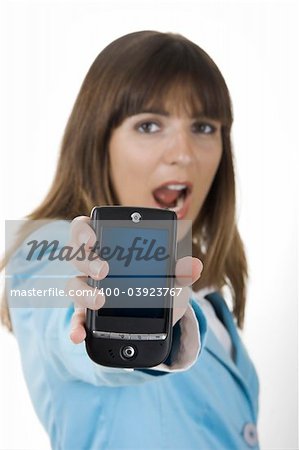 Beautiful businesswoman holding a PDA over a white background (This file include a Path on the pda screan)
