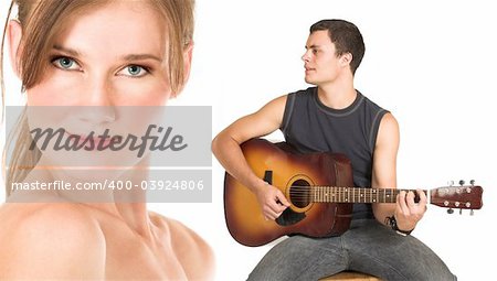 Close-up of the face of a beautiful brunette woman isolated on white. Young man in jeans and a t-shirt playing guitar and singing a song. Possibly lovers, implied nudity