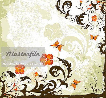 Grunge paint flower background with butterfly, element for design, vector illustration