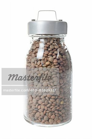 Glass jar of tasty and fresh lentils isolated on white background