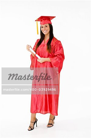 A female caucasian in red graduation gown and very excited.  She is on a white background.