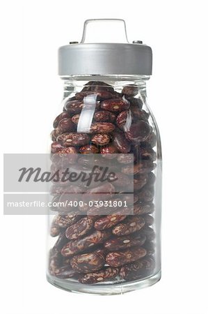 Glass jar of tasty and fresh red beans isolated on white background. Path included