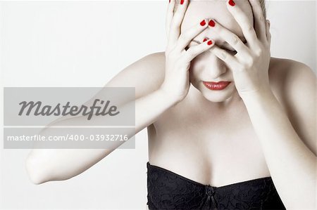 Beautiful sensual woman with headache/ pain. White background.