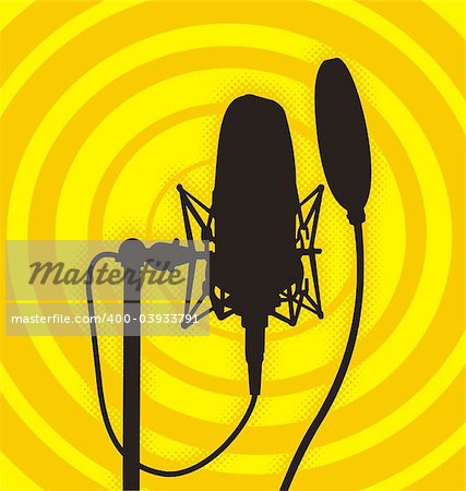 Silhouette of a studio microphone on deep yellow background.  The vector version is a fully editable EPS 8 file, compressed in a zip file. No gradients or transparencies. Can be scaled to any size without loss of quality.