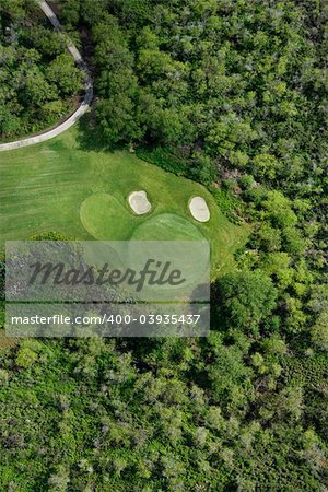 Aerial view of golf hole on golf course surrounded by trees in Maui, Hawaii.