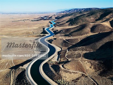 Aerial view of water carrying aqueduct in Outer Los Angeles, California.