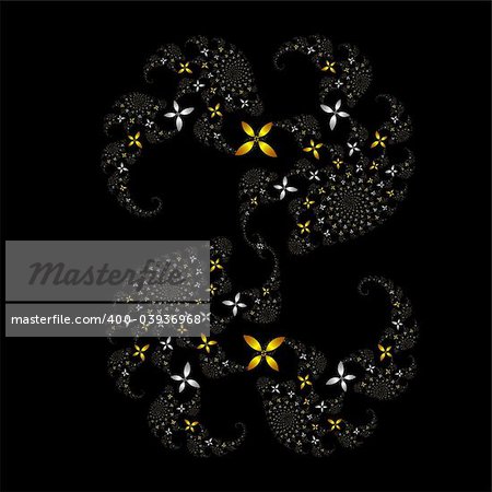 many fractal flowers in gold and silver forming a multiple spirals over black background