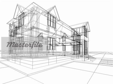 3D rendering wire-frame of house. White background.