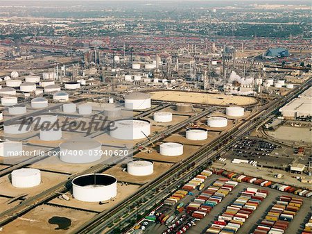 Aerial view of liquid storage tanks in Los Angeles California oil refinery.