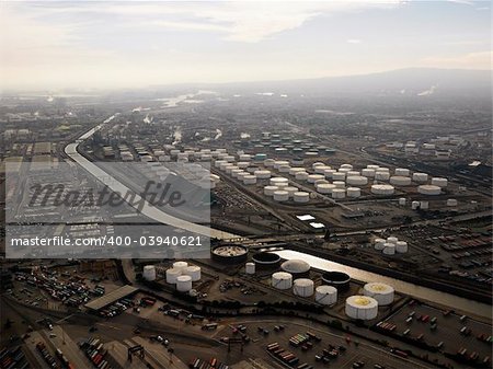 Aerial view of liquid storage tanks in Los Angeles California oil refinery.