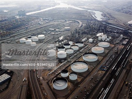 Aerial view of liquid storage tanks in Los Angeles California oil refinery.