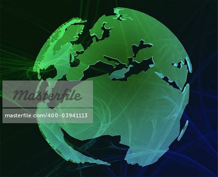 Data transfer over a 3d globe of the world Europe Africa green