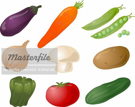 Illustration of vegetables, hand-drawn look: eggplant, carrot, peas, onion, mushroom, potato, pepper, tomato, cucumber