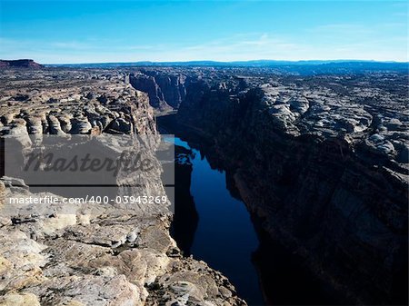 Aerial view of river valley in Utah Canyonlands.