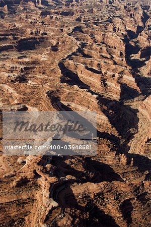 Aerial of desert canyon in Canyonlands National Park in Utah, USA.