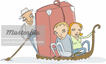 vector sketch of couple with a little to much luggage on traditional venice gondola