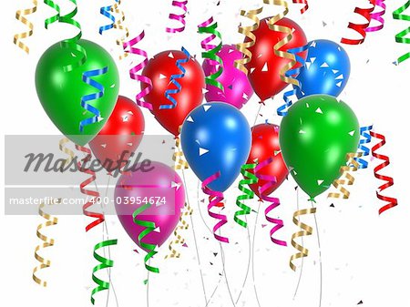 3d rendered illustration of colorful balloons and ribbons
