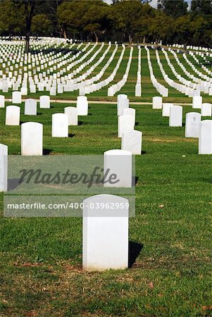 Tombstones lined up in the Los Angeles National Cemetery. The VA National Cemetery Administration honors the military service of our Nation's veterans.