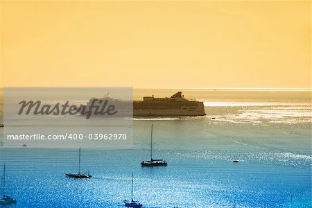 Ocean liner visiting exotic port of call