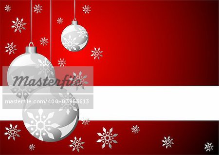 Snow crystals and Christmas balls with copy space over red