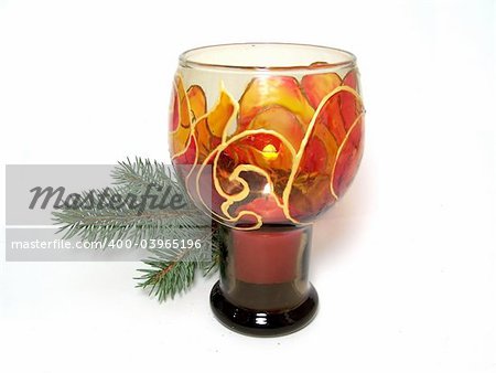 Hand-painted candle Holder with fir-tree branch as Christmas decoration