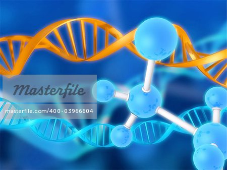 3d rendered illustration of double helix and molecules