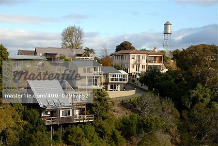 Houses & water tower along the ridge of Bluff Hill, Napier, New Zealand
