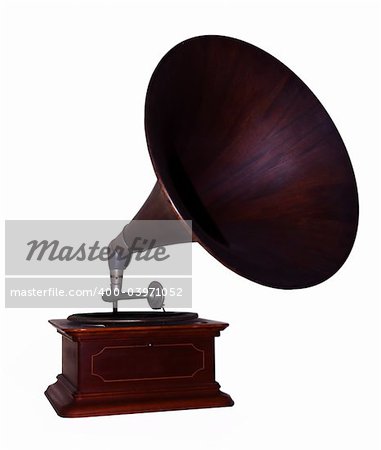 vintage gramophone in dark wood finish isolated opn white background