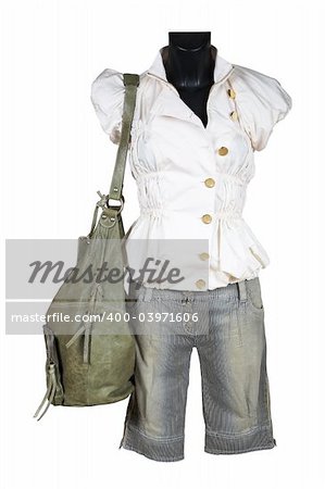 Blouse, shorts and bag on a white background