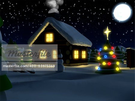 3d rendered illustration of a winterscene with house snowman